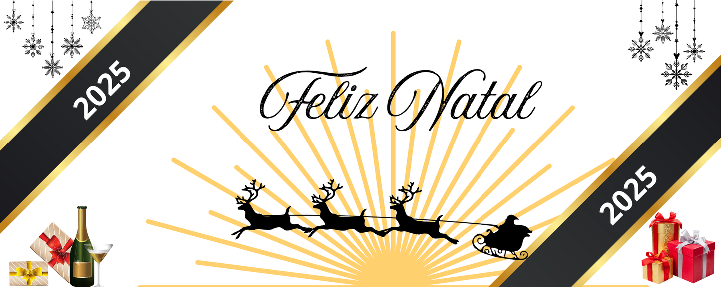 Caneca “Feliz Natal” com Copos de Champanhe | Cerâmica Branca | Sublimação