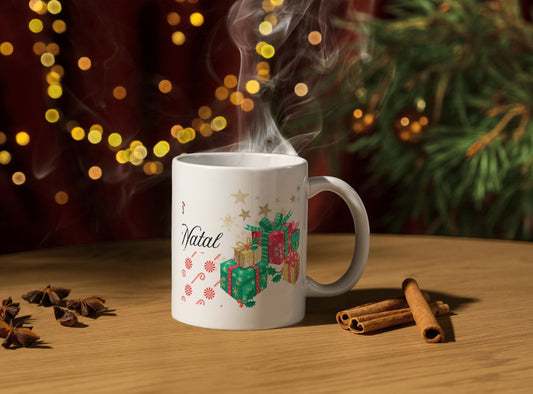Caneca “Feliz Natal” com Bonecos de Neve | Cerâmica Branca | Sublimação