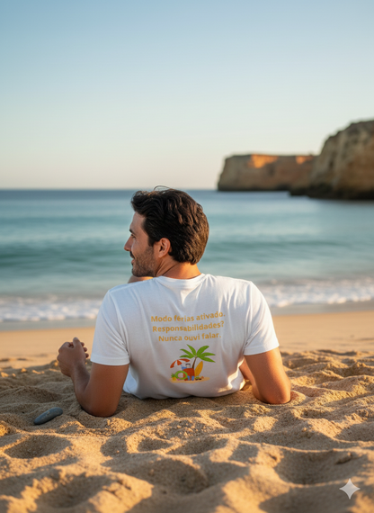 Custom T-shirt “Vacation mode activated. Responsibilities? Never heard of it.” – 190 gsm cotton, customizable front or back (S17)