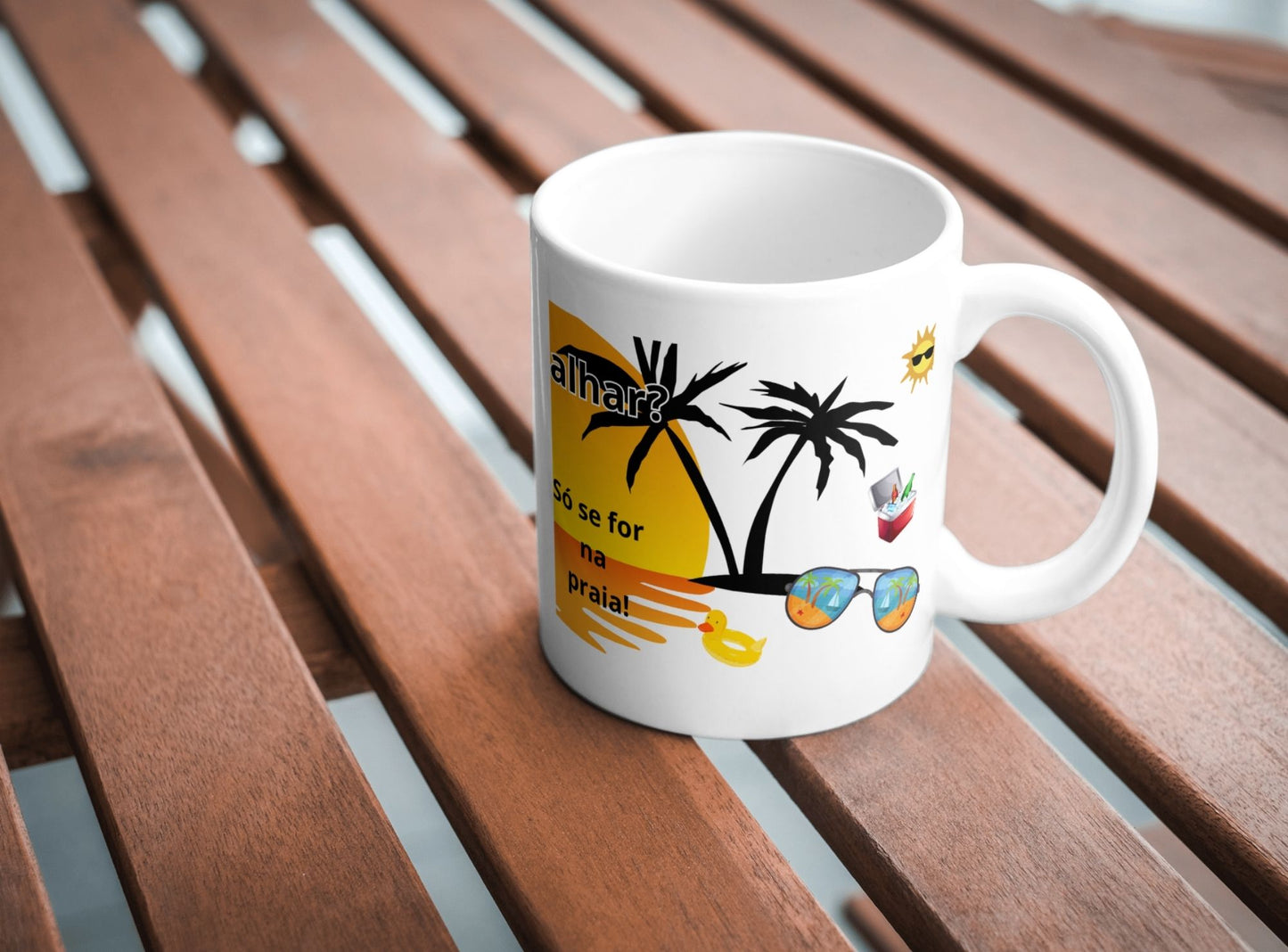 Caneca “Trabalhar? Só se for na praia” – Tema tropical, 325 ml (M18)