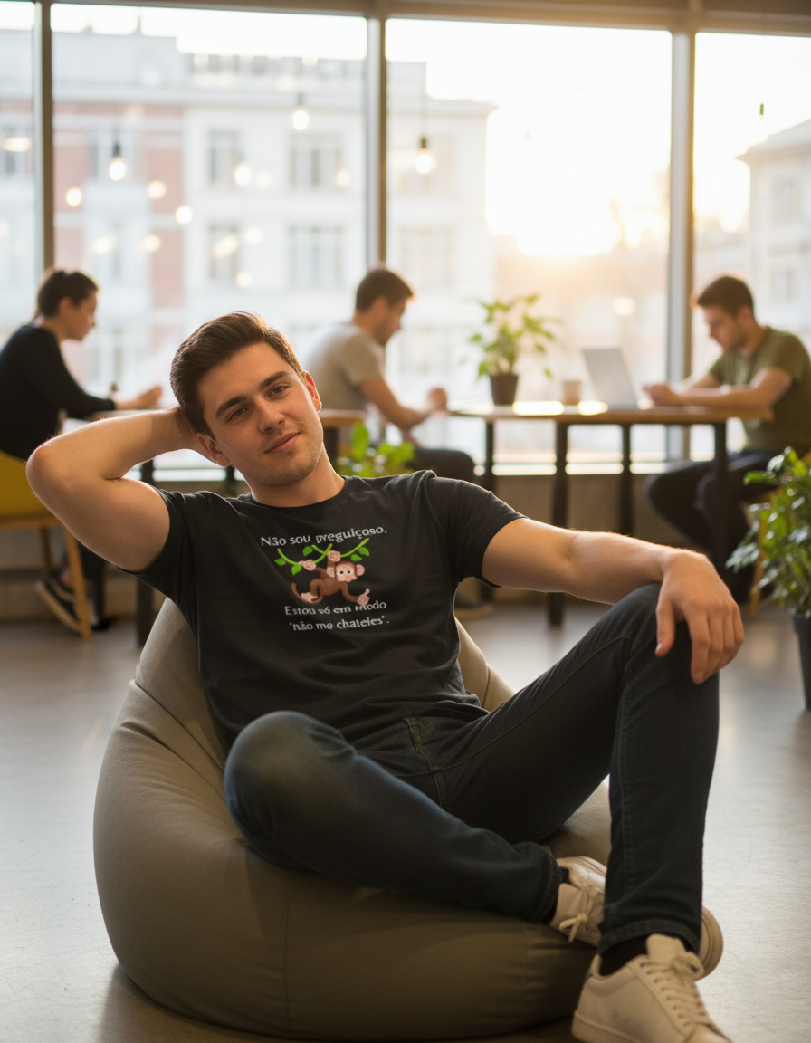 T-shirt personalizado Não sou preguiçoso. Estou só em modo ‘não me chateies’.”  – Algodão 190 g/m², personalizável frente ou verso (P15)