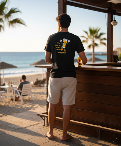T-shirt personalizadoT-shirt “Sol, mar e... mais uma cervejinha!” – Algodão 190 g/m², personalizável frente ou verso (P19)