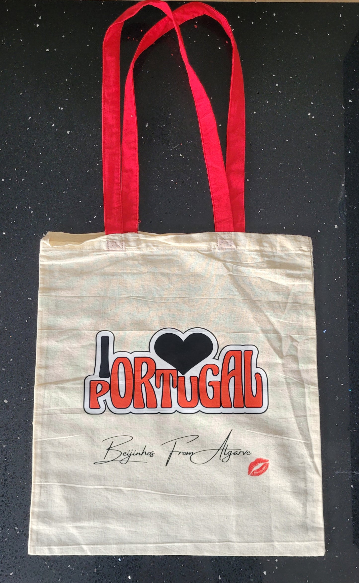 Saco Tote Bag Personalizável em Algodão –  “I ❤️ Portugal – Beijinhos from Algarve”   – 38x42 cm