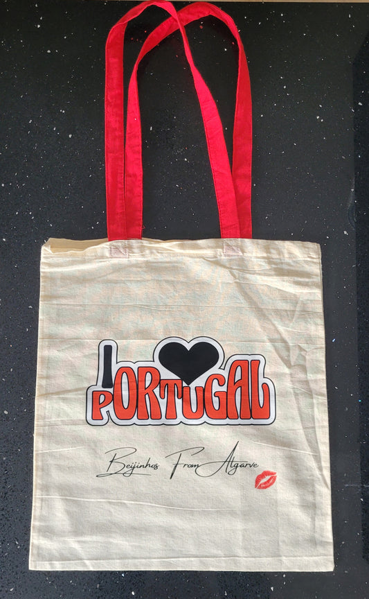 Saco Tote Bag Personalizável em Algodão –  “I ❤️ Portugal – Beijinhos from Algarve”   – 38x42 cm
