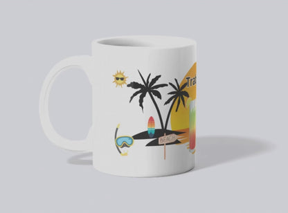 Caneca “Trabalhar? Só se for na praia” – Tema tropical, 325 ml (M18)